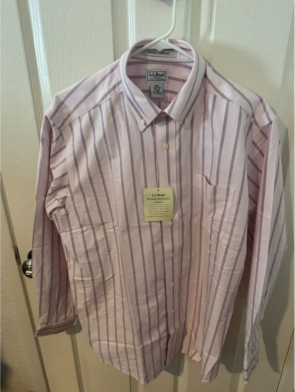 LL Bean Shirt Mens 15.5-33 Wrinkle Resistant Striped Long Sleeve Pink White NWT